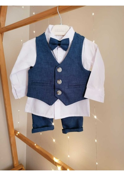 Concept Kids Papyonlu Yelekli Bej 4'lü Klasik Erkek Bebek Takım Özel Gün Kıyafeti Düğün Bebek Hediyesi Lacivert