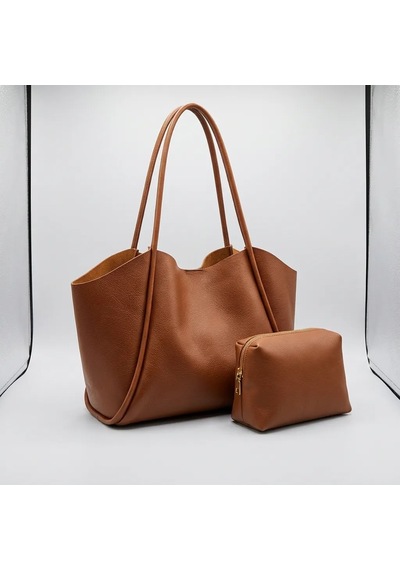 Kahverengi Yumuşak Deri Omuz Çantası 31x24 Cm Ekstra Makyaj Çantalı Günlük Kadın Çanta - Lisinya