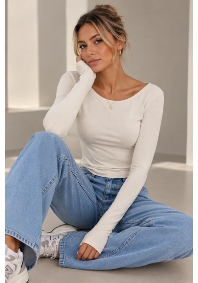 Bb Butik Basic Soft Touch Parmak Geçmeli Kayık Yaka Bluz Mdk35 Beyaz