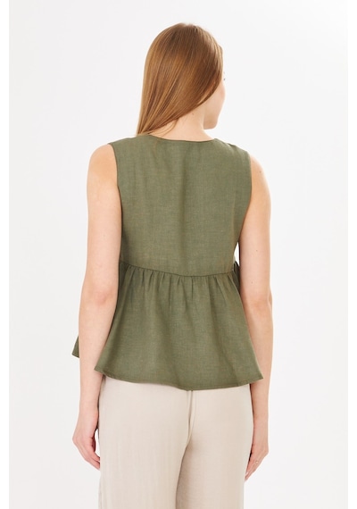 Sortie Collection V Yaka Tek Düğmeli Peplum Haki Keten Bluz
