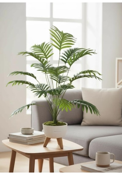 Yapay Çiçek Salon Bitkisi Areka 80cm 18 Yaprak Beyaz Zigon Saksıda Yeşil