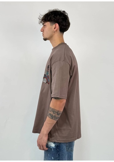 Zaee Nomad Nakışlı Premium Oversize Tişört Kahverengi