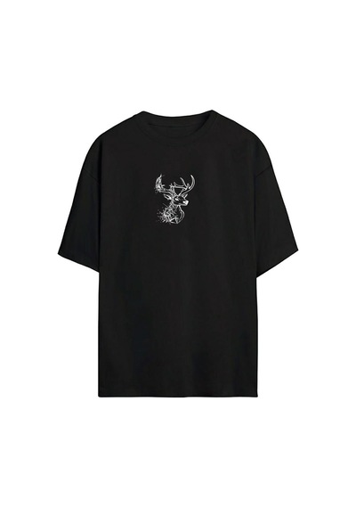 Thewert Unisex Geyik Baskılı Siyah Oversize Tshirt