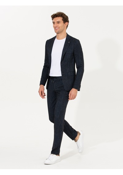 Cacharel Lacivert Ex. Slim Fit Beli Bağcıklı Çizgili Kumaş Pantolon