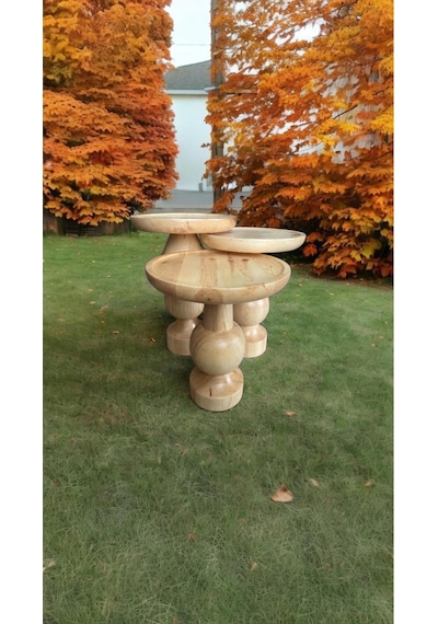 Wood Ahşap 3 Lü Set Fitilli Mantar Yan Sehpa Modern Fiskos / Naturel Renk / Zigon Sehpa Vernikli Naturel
