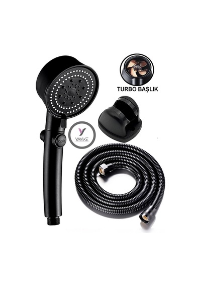 Yayke Turbo Pervaneli 5 Fonksiyonlu Duş Başlığı Siyah Duş Seti Siyah