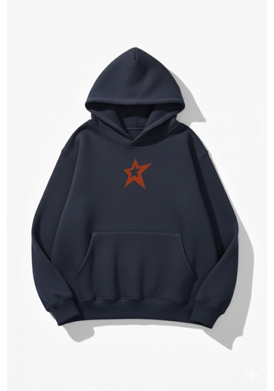Uyguntarz Unisex Yumuşak Dokulu Kırmızı Yıldız Baskılı Tasarım Oversize 3 İplik Hoodie Sweatshirt Indigo
