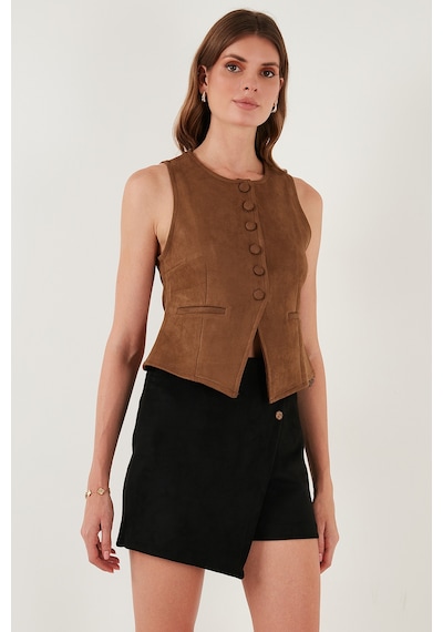 Lela Fitted Fit Bisiklet Yaka Düğmeli Yumuşak Dokulu Bayan Yelek 5866435 Taba