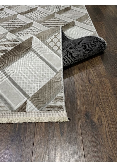 Krem Bej Saçaklı Modern Yıkanabilir Kabartmalı Kaymaz Taban Kesme Halı Yolluk Yeşil