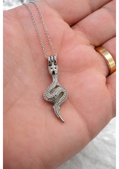 Yılan Figürlü Metal Kolye Gümüş Renk 60 Cm Zincir Unisex Çok renkli