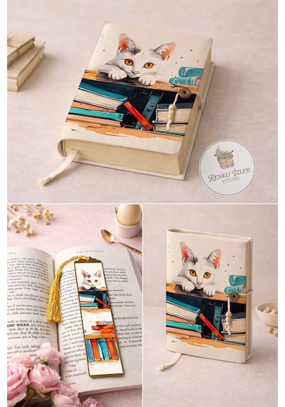 Kitap Kılıfı Ve Metal Kitap Ayracı Seti Kütüphanedeki Kedi