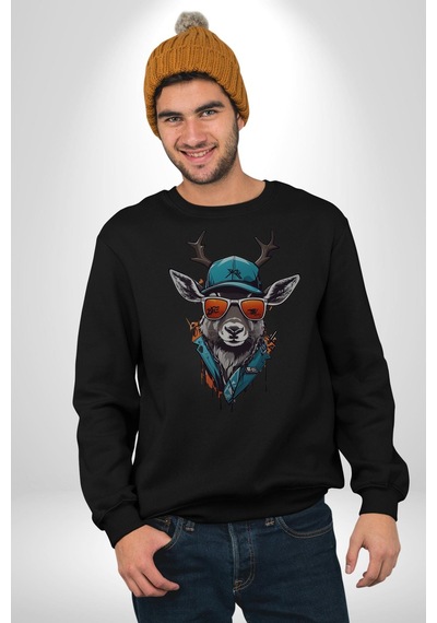 Güneş Gözlüğü Savaşcı Geyik Unisex Siyah Baskılı Sweatshirt Siyah
