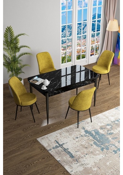 Canisa Han Serisi, Siyah Mermer Desen 70x114 Açılabilir Mdf Mutfak Masa Takımı, 4 Hardal Sandalye Masa Siyah Mermer Sandalyeler Hardal Canisa Han Serisi, Siyah Mermer Desen 70x114 Açılabilir Mdf Mutfak Masa Takımı, 4 Hardal Sandalye Masa Siyah Mermer Sandalyeler Hardal