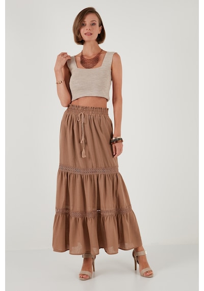 Lela Güpürlü Beli Lastikli Uzun Bayan Etek 611Et0106 Camel