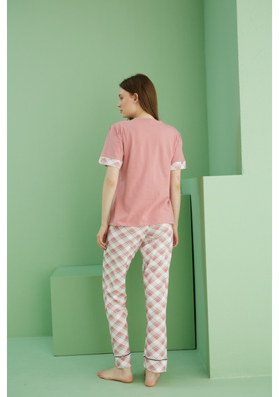 Siyah İnci Bisiklet Yaka Örme Pamuklu Pijama Takım25113216 Somon