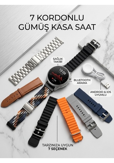 Gümüş Kasa Akıllı Saat - 6 Yedek Kordon Hediyeli
