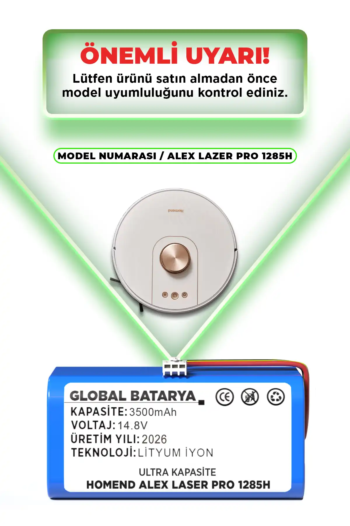 Homend Alex Laser Pro 1285h Robot Süpürge Bataryası 14.8v 3500mah Li-ion Pil Ultra Kapasite
