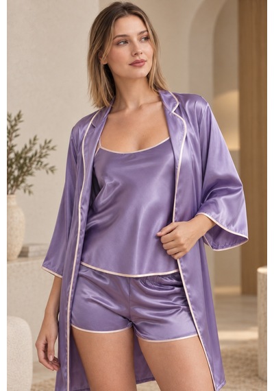 Loule Kadın Lavanta Biyeli Sabahlıklı Şortlu Pijama Takımı 3 Parça