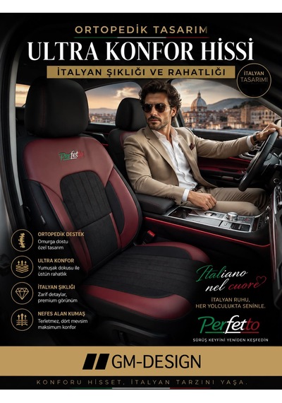 Perfetto Serisi Lüks Keten Üniversal Oto Koltuk Kılıfı - 5 Koltuk Tam Set Bordo