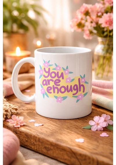 Northcity You Are Enough Porselen Kupa - Motive Edici Çiçek Deseni Ve Sevdiklerine Anlamlı Hediye Pembe