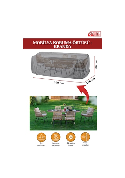 Gri Bahçe Mobilya Koruma Örtüsü Branda 300x160x80 Cm - Santimetre, Su Geçirmez, Güneşten Korur Gri