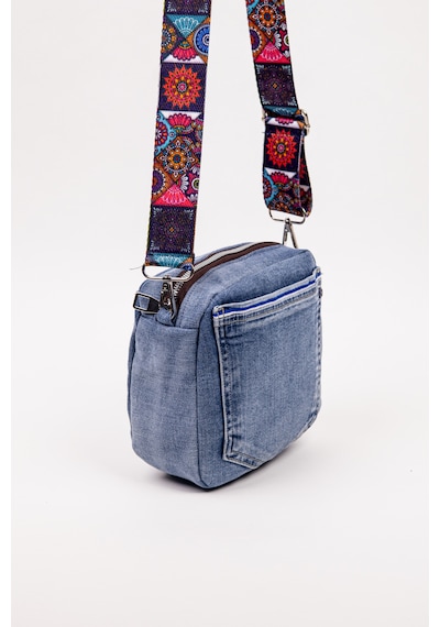 Fabric Craft Bag Kadın Çapraz Çanta Denim Kot Cepli Desenli Askılı Özel Seri 21x21 Cm Mavi