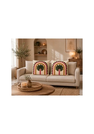 Palmiye Desenli Punch Görünümlü Dijital Baskı Dekoratif Kırlent Kılıfı 43x43 Cm Fermuarlı Çok Renkli Çok Renkli