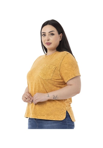 Disentis Büyük Beden Parça Boyalı Bisiklet Yaka Kavisli Yırtmaçlı Hardal T-shirt-hardal Hardal