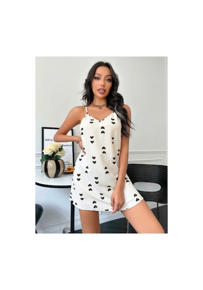 Lily Bianca Nightwear Kalp Desenli Askılı Penye Gecelik Krem