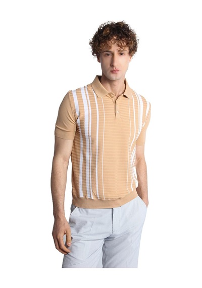 Bej Slim Fit Dar Kalıp Düğmeli Polo Yaka Desenli Kısa Kollu Triko Tişört-16314 Bej