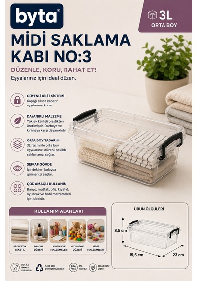 3 Litre Kilitli Kapaklı Şeffaf Çok Amaçlı Saklama Kutusu Organizer Şeffaf