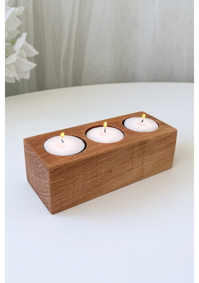 3'lü Ahşap Mumluk - 15x6x5 Cm - Doğal Kayın Ağacı Dekoratif Hediyelik Açık Renk Ahşap