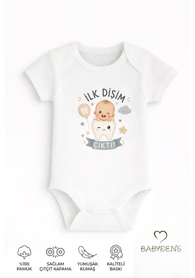 Babyden's İlk Dişim Çıktı Baskılı Kısa Kol Bebek Body %100 Pamuk Unisex Diş Buğdayı Konsept Çıtçıtlı Zıbın Beyaz