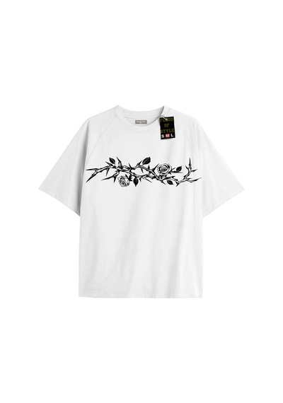 Flood Of Style Beyaz Oversize T-shirt Gül Yaprak Dal Özel Tasarım