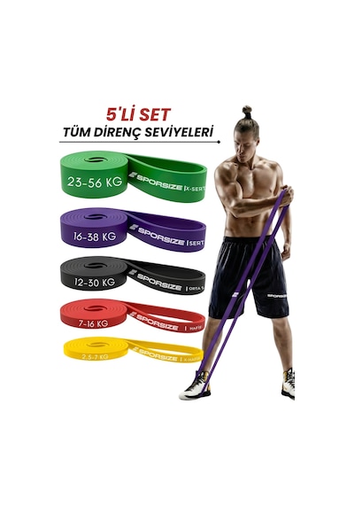 30 + 38 Kg Power Loop Direnç Bandı Kas Geliştirme Fitness Crossfit Barfiks Lastiği Sarı + Kırmızı + Siyah + Mor + Yeşil