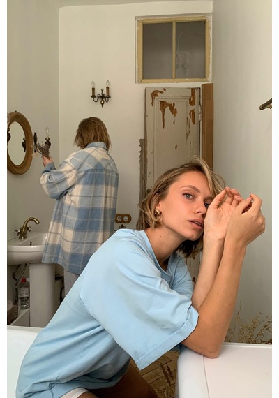 Madmext Mavi Oversize Basic Kadın Tişört-mavi Mavi