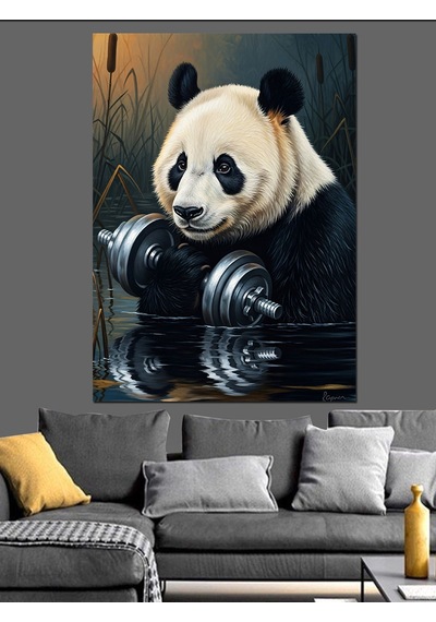 Ahşap Tablo Ağırlık Kaldıran Güçlü Panda Figürü
