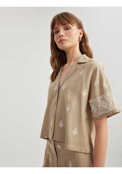 Koton Viskon Etnik Desenli İşlemeli Kısa Kollu Oversize Crop Gömlek Haki 5sak60094pw Haki