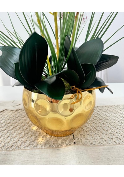 Yapay Çiçek 4lü Bordo Çilli Beyaz Islak Orkide Metal Yuvarlak Gold Vazoda Orkide 50cm
