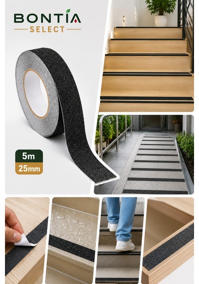 Kaydırmaz Bant 5 Metre X 25 Mm Siyah Merdiven Kaydırmaz Şerit Güçlü Yapışkanlı İç Dış Mekan