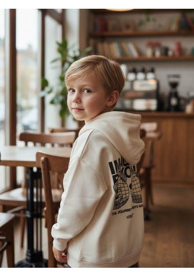 Zekids Erkek Çocuk Ayıcık Desenli Kapüşonlu Eşofman Takım-16350 Krem Siyah