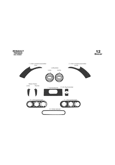 Renault Twingo Torpido Kaplama 1998-2004 12 Parça Karbon