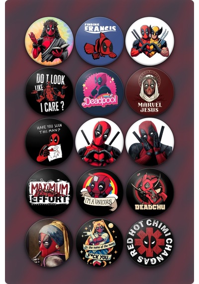 15'li Deadpool Rozet Seti 58 Mm 15 Farklı Tasarım Çanta Ve Ceket Aksesuarı Çok Renkli