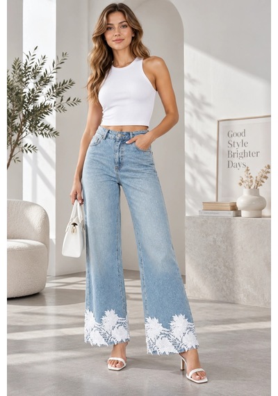 Mevese Kadın Taş İşlemeli Dantel Paça Denim Pantolon - Mavi