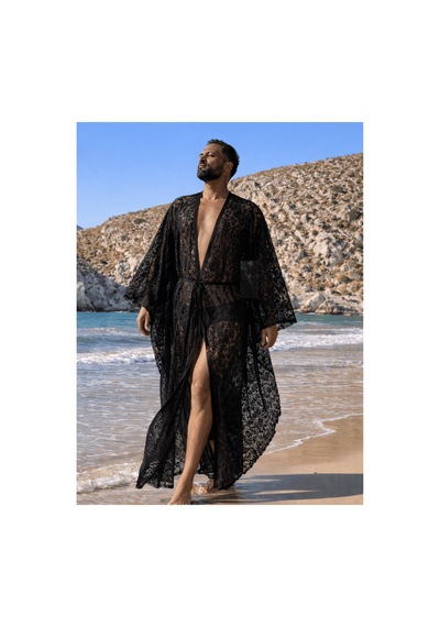 Qmen Style Erkek Plaj Kaftanı Siyah Lace Dandel Siyah