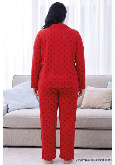 Siyah İnci Kırmızı Yıldız Desenli Termal Kumaşlı Ultra Soft Yumuşak Büyük Beden Battal Boy Düğmeli Örme Pijama Takımı