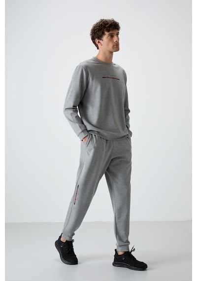 Tommy Life Gri Melanj Pamuklu Kalın Yumuşak Dokulu Comfort Fit Baskılı Erkek Eşofman Takım - 85239 GRİ MELANJ