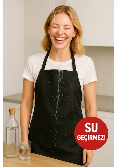Siyah Spunbond Kalın Kumaş Ve Su Geçirmez Cepli Mutfak, Aşçı Önlüğü Siyah
