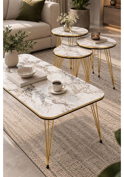 Sulorahome Gold Tel Ayaklı Mermer Desenli 4'lü Sehpa Seti Beyaz Beyaz Mermer