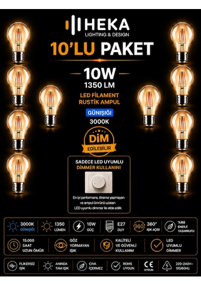 10 Adet Heka 10w Günışığı 3000k E27 Duylu Dim Edilebilir Led Rustik Ampul